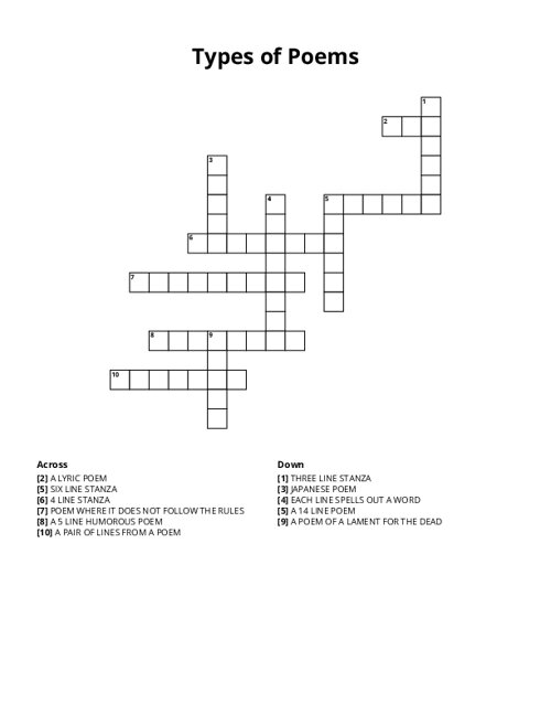 Types of Poems Crossword Puzzle