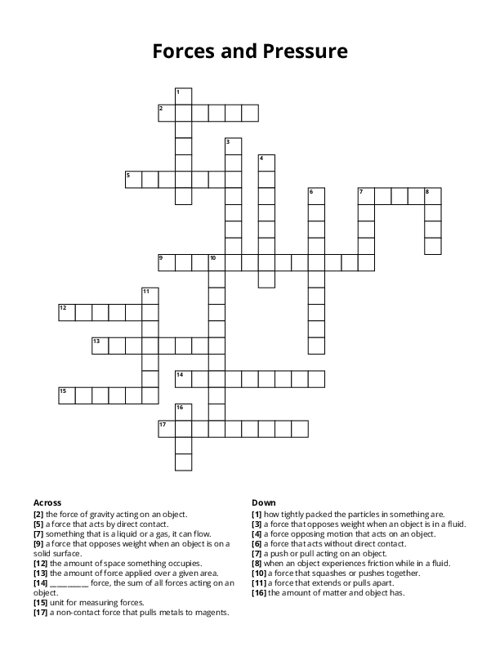 Forces and Pressure Crossword Puzzle