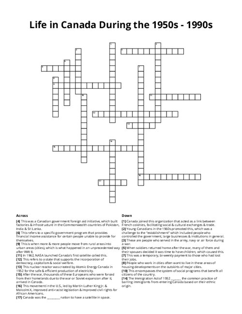 Life in Canada During the 1950s - 1990s Crossword Puzzle