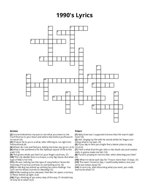 1990's Lyrics Crossword Puzzle