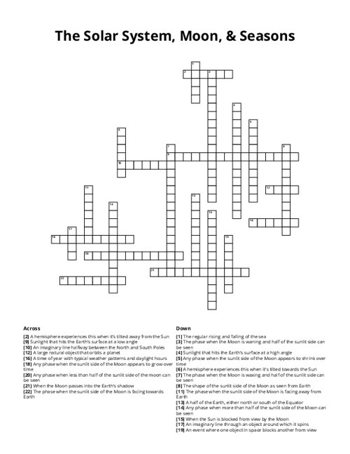 The Solar System, Moon, & Seasons Crossword Puzzle