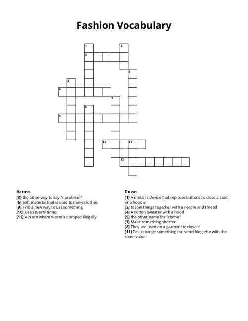 Fashion Vocabulary Crossword Puzzle