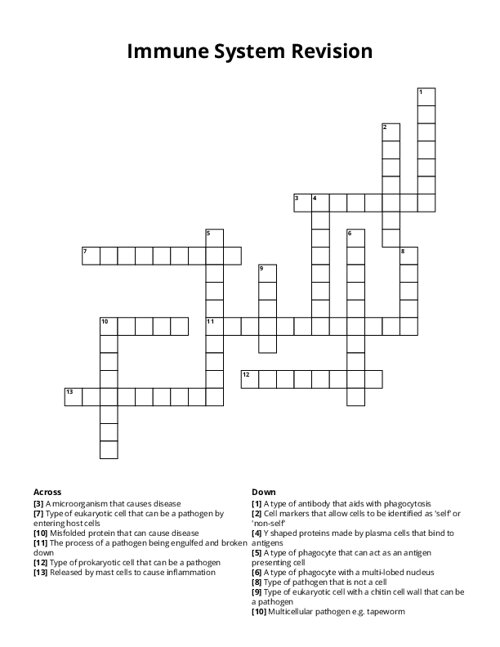 Immune System Revision Crossword Puzzle