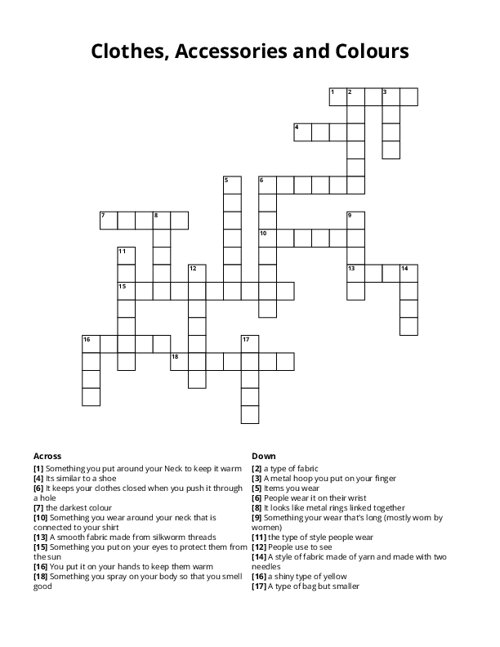 Clothes, Accessories and Colours Crossword Puzzle