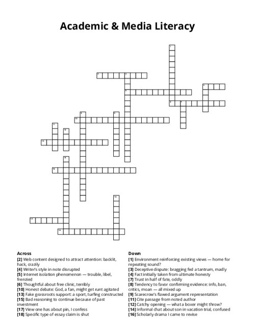 Academic & Media Literacy Crossword Puzzle