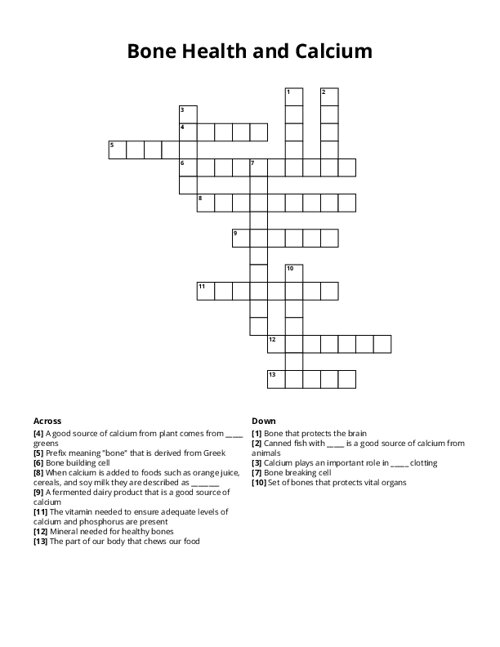 Bone Health and Calcium Crossword Puzzle