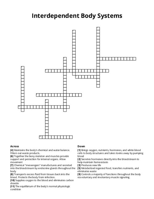 Interdependent Body Systems Crossword Puzzle