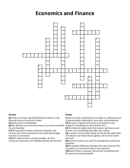 Economics and Finance Crossword Puzzle