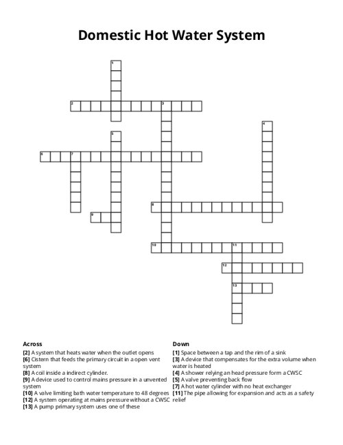 Domestic Hot Water System Crossword Puzzle