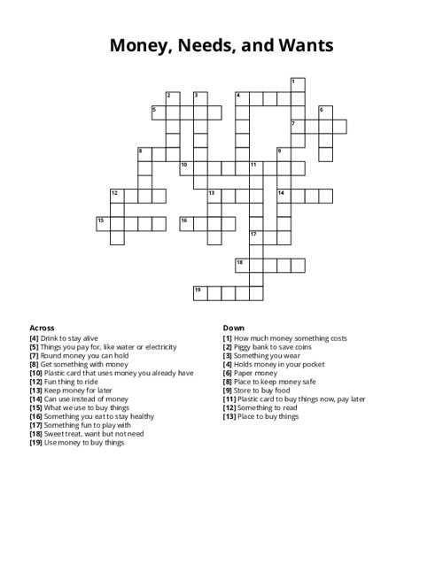 Money, Needs, and Wants Crossword Puzzle