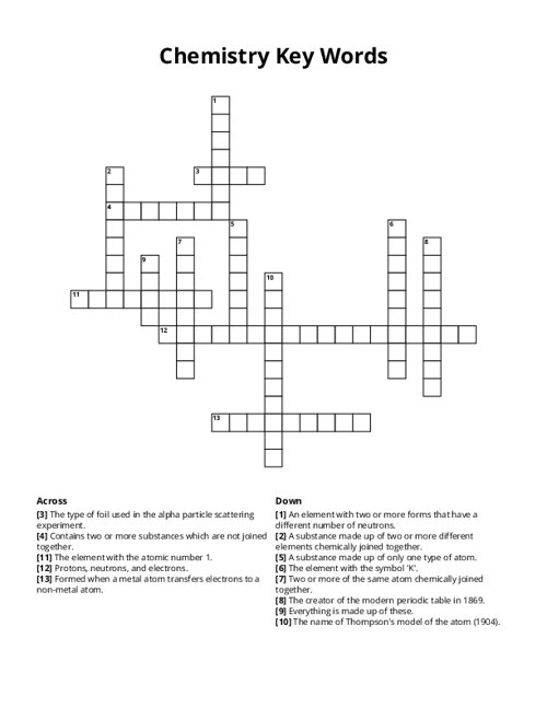 Chemistry Key Words Crossword Puzzle