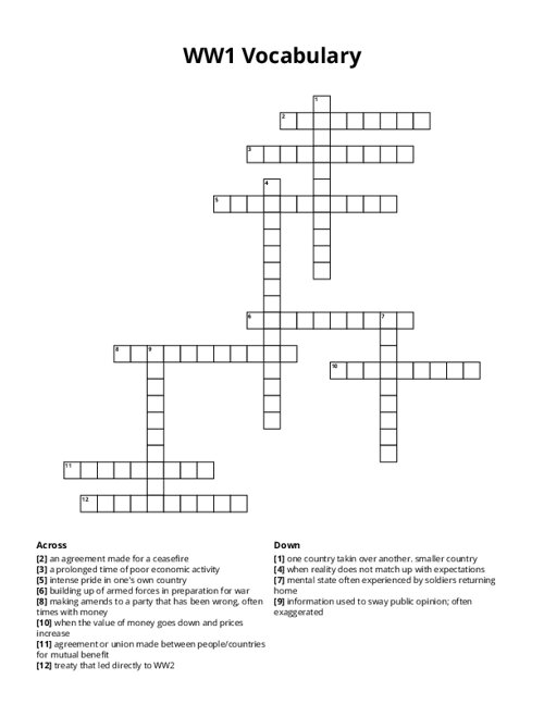 WW1 Vocabulary Crossword Puzzle