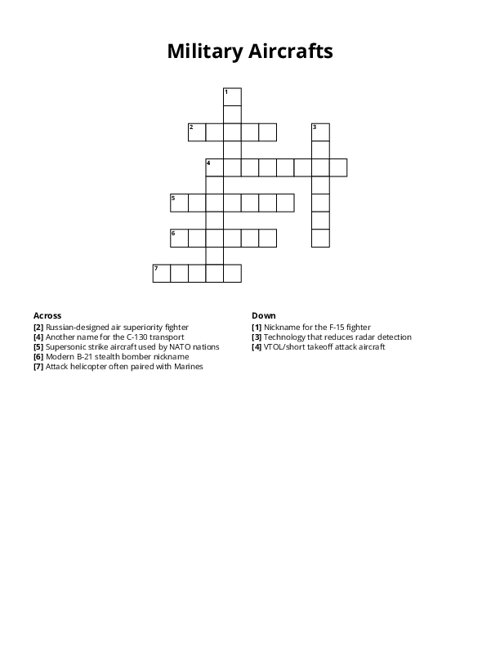 Military Aircrafts Crossword Puzzle