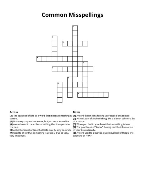 Common Misspellings Crossword Puzzle