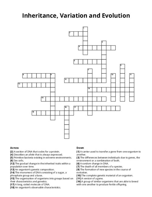 Inheritance, Variation and Evolution Crossword Puzzle