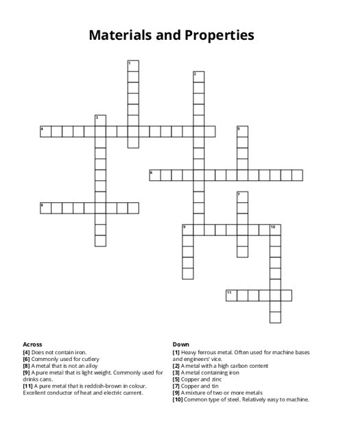Materials and Properties Crossword Puzzle