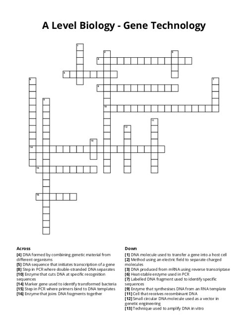A Level Biology - Gene Technology Crossword Puzzle
