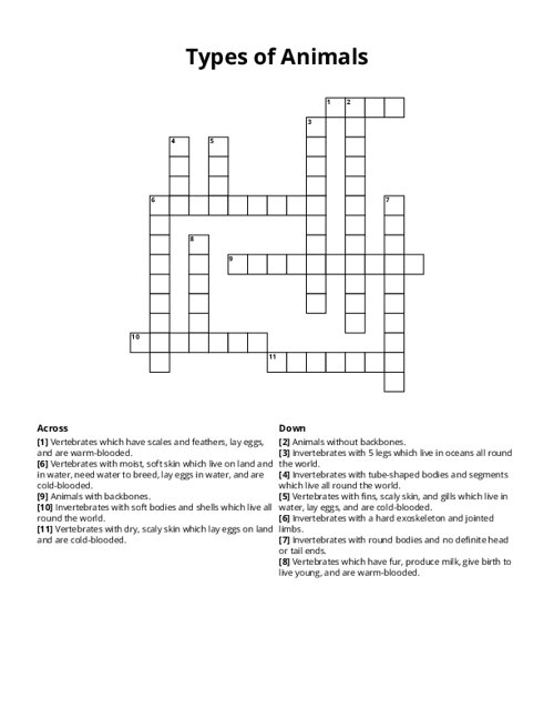 Types of Animals Crossword Puzzle