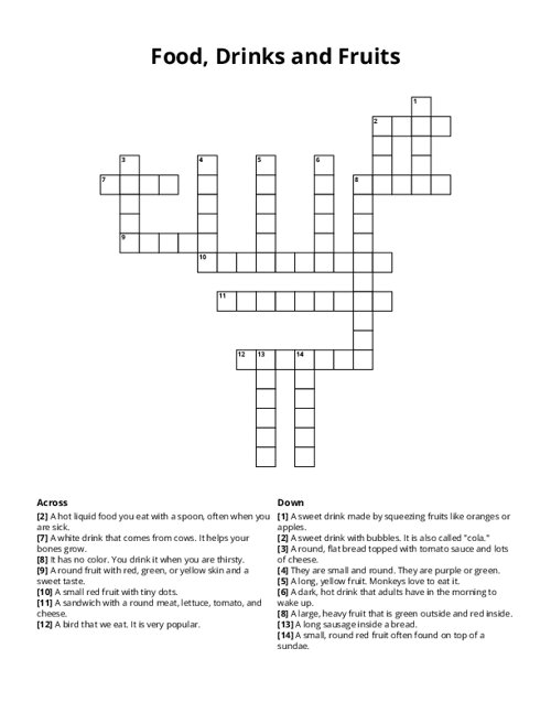 Food, Drinks and Fruits Crossword Puzzle