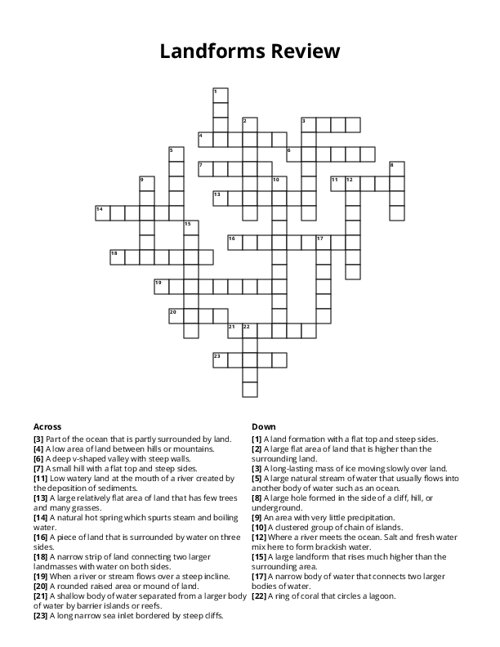 Landforms Review Crossword Puzzle