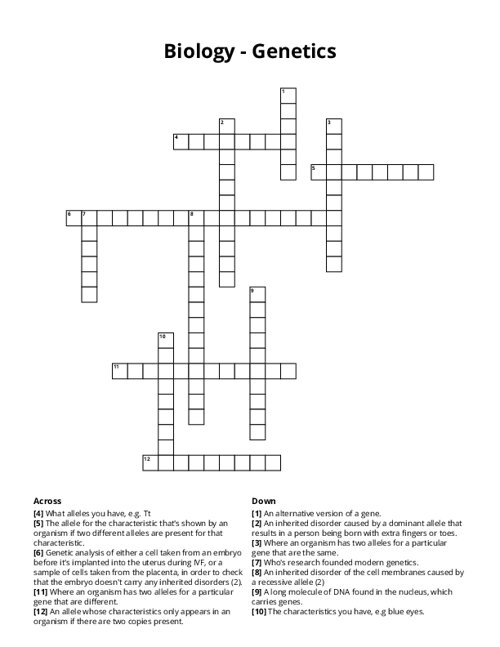 Biology - Genetics Crossword Puzzle