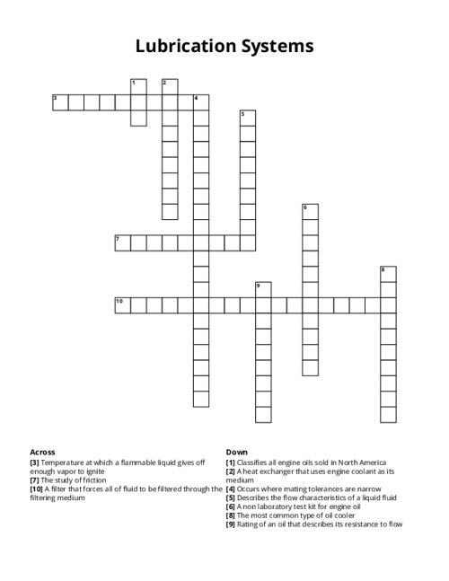Lubrication Systems Crossword Puzzle