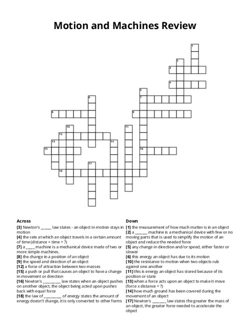 Motion and Machines Review Crossword Puzzle