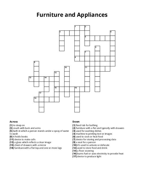 Furniture and Appliances Crossword Puzzle