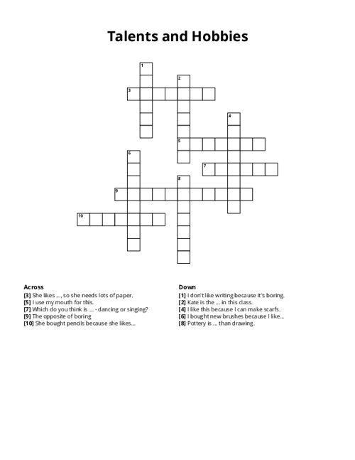 Talents and Hobbies Crossword Puzzle