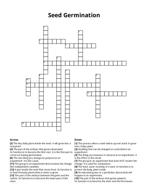 Seed Germination Crossword Puzzle