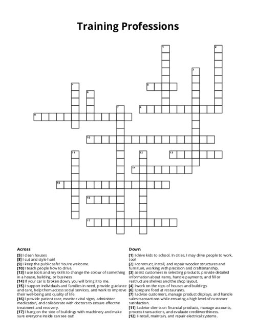Training Professions Crossword Puzzle