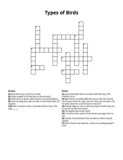 Types of Birds Crossword Puzzle