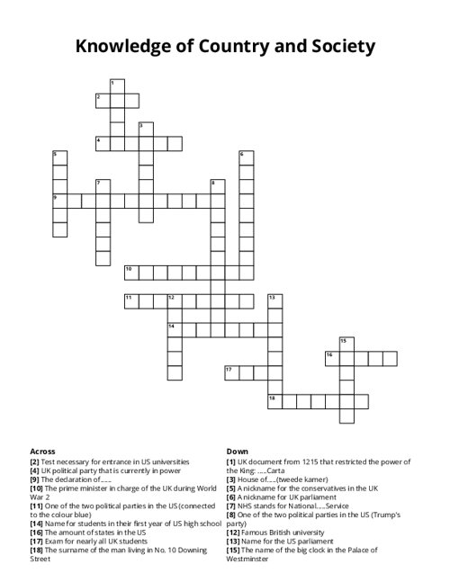 Knowledge of Country and Society Crossword Puzzle