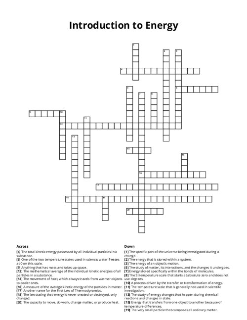 Introduction to Energy Crossword Puzzle
