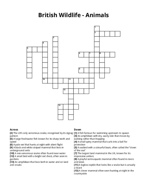 British Wildlife - Animals Crossword Puzzle