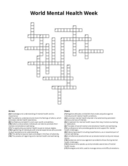 World Mental Health Week Crossword Puzzle