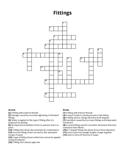 Fittings Crossword Puzzle