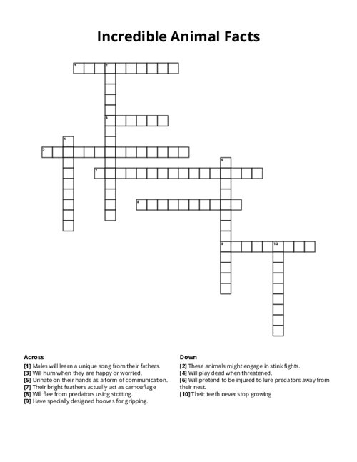 Incredible Animal Facts Crossword Puzzle
