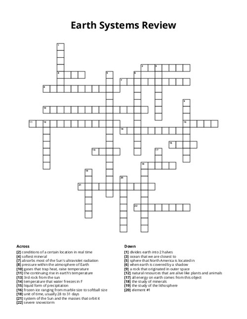 Earth Systems Review Crossword Puzzle