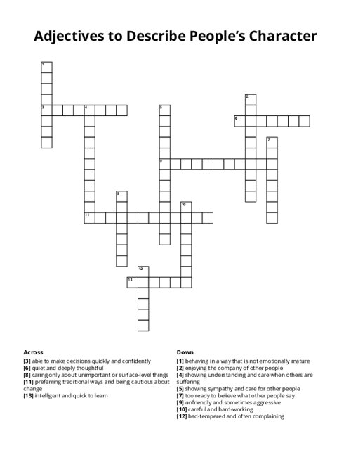 Adjectives to Describe People’s Character Crossword Puzzle