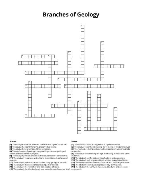 Branches of Geology Crossword Puzzle