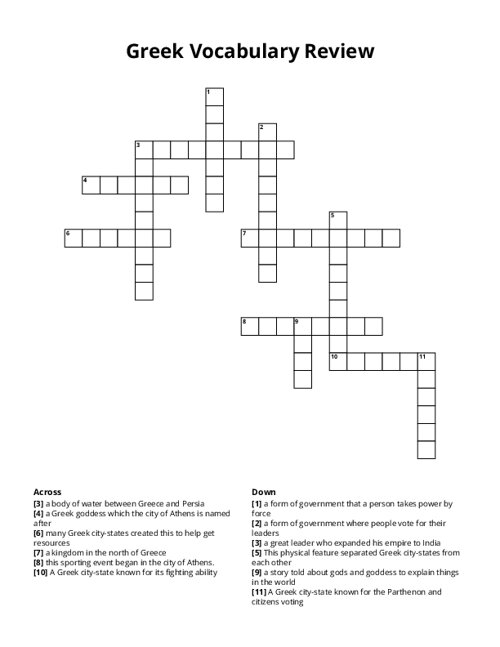 Greek Vocabulary Review Crossword Puzzle