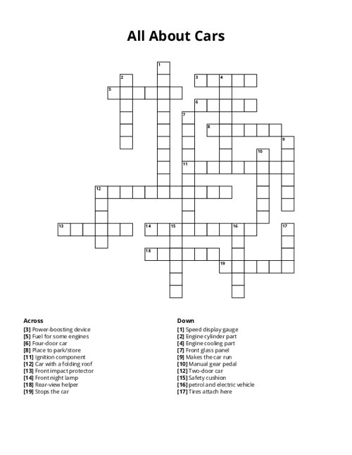 All About Cars Crossword Puzzle