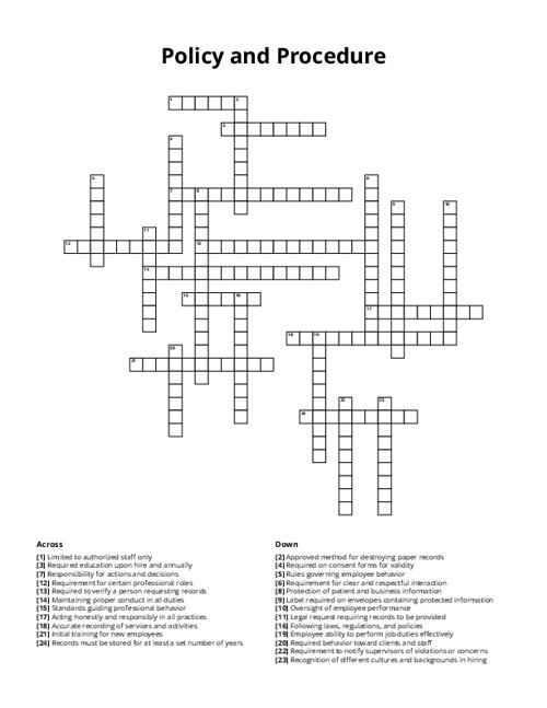 Policy and Procedure Crossword Puzzle