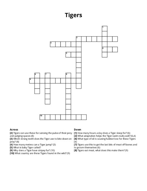 Tigers Crossword Puzzle