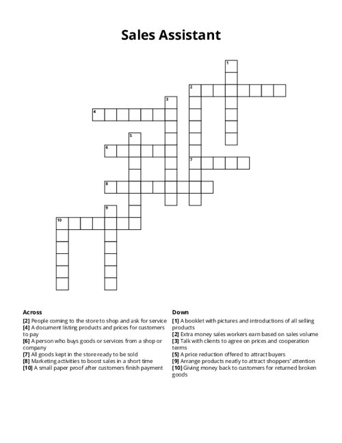 Sales Assistant Crossword Puzzle