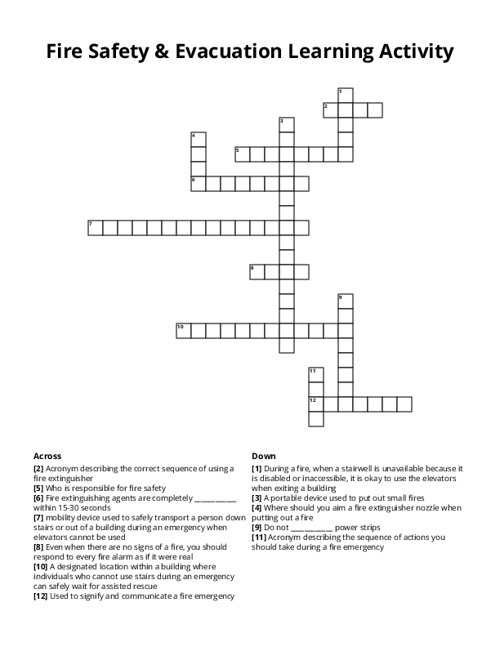 Fire Safety & Evacuation Learning Activity Crossword Puzzle