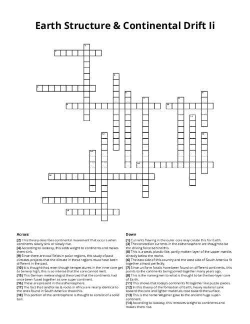 Earth Structure & Continental Drift Ii Crossword Puzzle