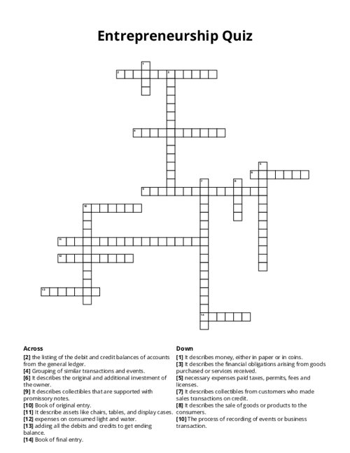 Entrepreneurship Quiz Crossword Puzzle