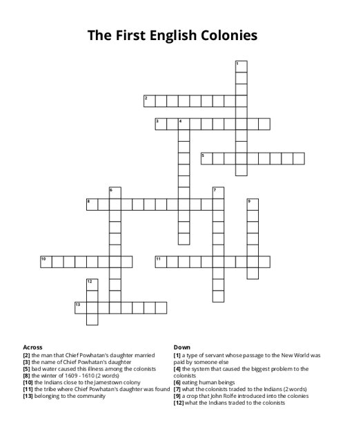 The First English Colonies Crossword Puzzle